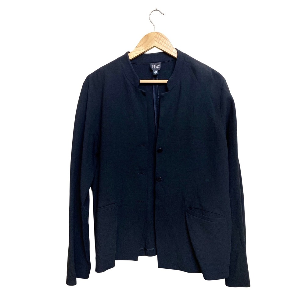 Eileen Fisher Womens Black Wool Blend Stand Collar 3-Button Blazer Jacket Large